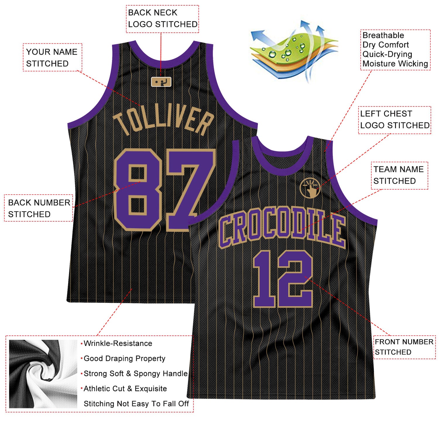 Personalized Black Old Gold Pinstripe Purple-Old Gold Authentic Basketball Jersey Team Custom Name and Number Customizable Purple and Black Old Gold Basketball Jersey with Team Name and Number - Personalized Authentic Design Personalized - Image 2