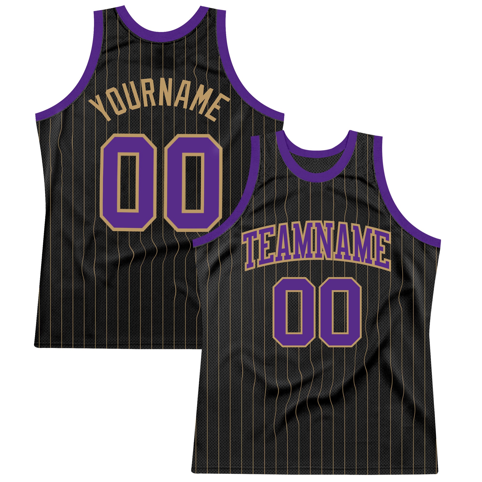 Personalized Black and Gold Pinstripe Basketball Jersey - Purple Old Gold Design Personalized Black Old Gold Pinstripe Purple-Old