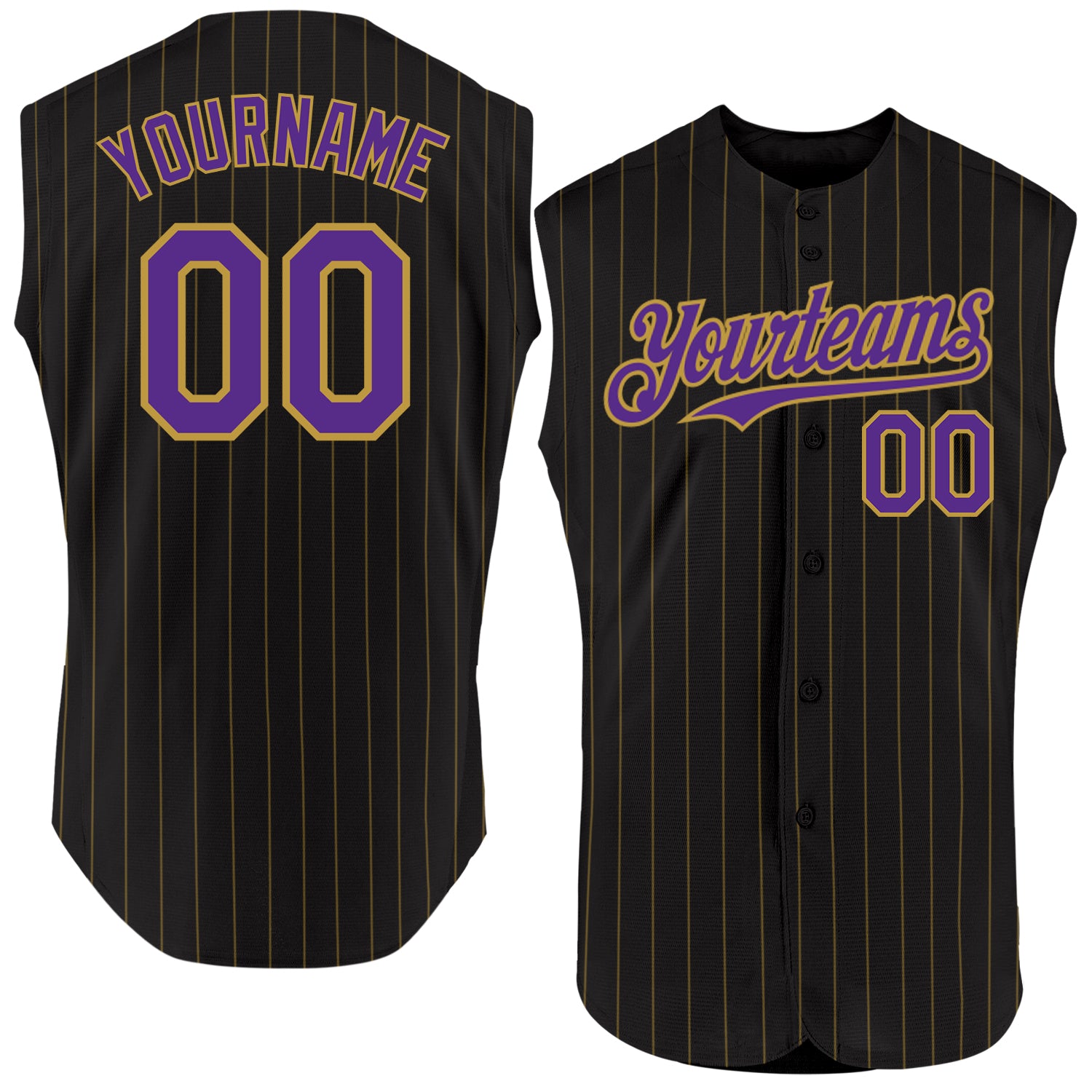 Personalized Black Purple Old Gold Pinstripe Sleeveless Baseball Jersey Personalized Black Old Gold Pinstripe Purple Sleeveless