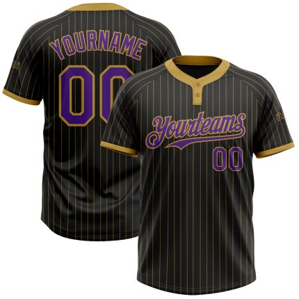 Custom Black Gold Pinstripe Purple Two-Button Unisex Softball Jersey Personalized Black Old Gold Pinstripe Purple Two-Button