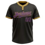 Custom Black Gold Pinstripe Purple Two-Button Unisex Softball Jersey Personalized Black Old Gold Pinstripe Purple Two-Button