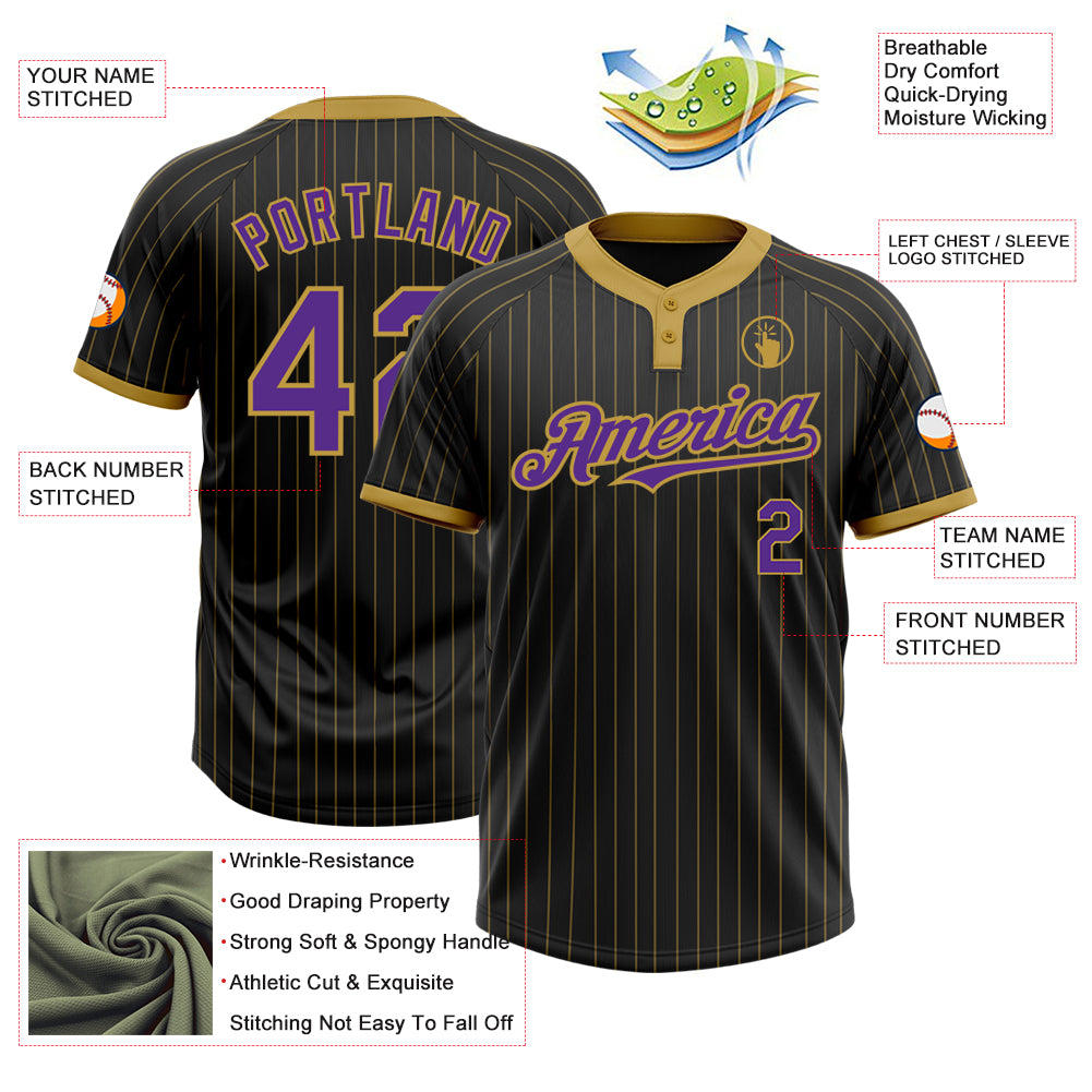 Personalized Black Old Gold Pinstripe Purple Two-Button Unisex Softball Jersey Team Custom Name and Number Custom Two-Button Unisex Softball Jersey Personalized with Name & Number, Black Old Gold Pinstripe Purple Design Personalized - Image 3