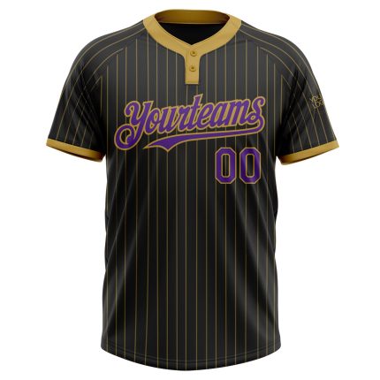 Custom Two-Button Unisex Softball Jersey Personalized with Name & Number, Black Old Gold Pinstripe Purple Design Personalized