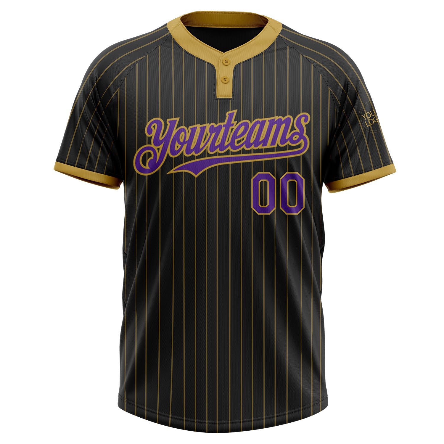 Personalized Black Old Gold Pinstripe Purple Two-Button Unisex Softball Jersey Team Custom Name and Number Custom Two-Button Unisex Softball Jersey Personalized with Name & Number, Black Old Gold Pinstripe Purple Design Personalized - Image 2