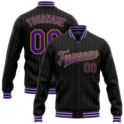 Personalized Black Old Gold Purple White Varsity Letterman Bomber Jacket - Full-Snap Style for Men and Women Personalized