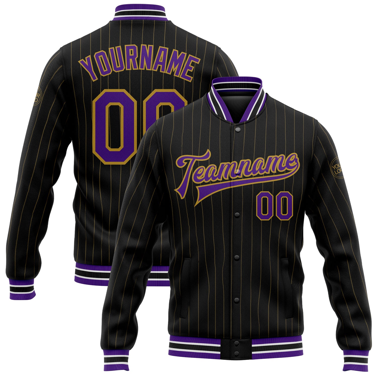 Custom Name Number Bomber Varsity Jacket Personalized Black Old Gold Pinstripe Purple White Full-Snap Team Gear Personalized