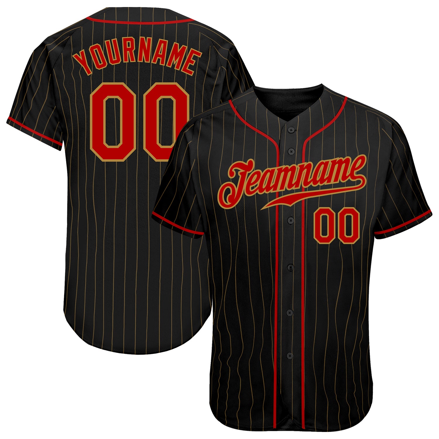 Personalized Red and Old Gold Pinstripe Baseball Jersey - Authentic Black Design Personalized Black Old Gold Pinstripe Red-Old
