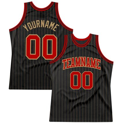 Customizable Black and Gold Basketball Jersey with Red Pinstripe - Personalized Team Name and Number Personalized Black Old