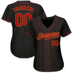 Personalized Black and Old Gold Pinstripe Baseball Jersey for Men - Red Gold Details Personalized Black Old Gold Pinstripe