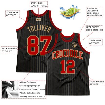 Personalized Black Pinstripe Red and Old Gold Basketball Jersey Personalized Black Old Gold Pinstripe Red-Old Gold Basketball