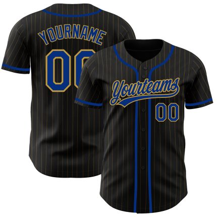 Personalized Black Gold Pinstripe Royal Baseball Jersey for Men and Women Personalized Black Old Gold Pinstripe Royal Baseball