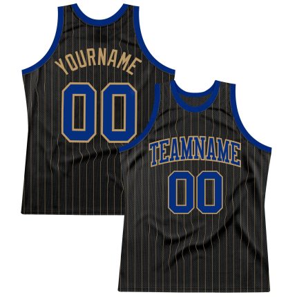 Personalized Black and Old Gold Basketball Jersey with Pinstripes - Royal Old Gold Design Personalized Black Old Gold Pinstripe