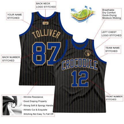 Personalized Black and Old Gold Basketball Jersey with Pinstripes - Royal Old Gold Design Personalized Black Old Gold Pinstripe