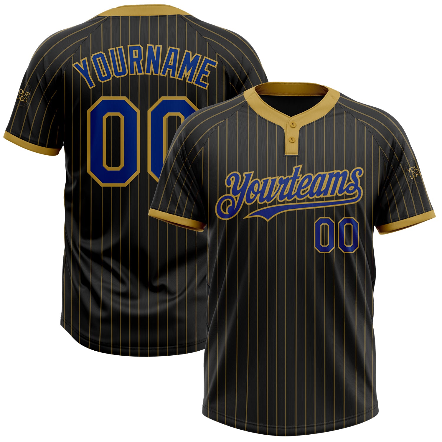 Custom Name Number Unisex Softball Jersey Personalized Black Old Gold Pinstripe Royal Two-Button Style Personalized Black