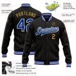 Custom Embroidered Black Old Gold Pinstripe Varsity Letterman Bomber Jacket with Royal-White Accents Personalized Black Old