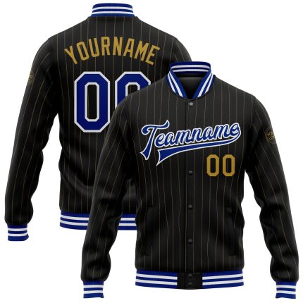 Custom Embroidered Black Old Gold Pinstripe Varsity Letterman Bomber Jacket with Royal-White Accents Personalized Black Old