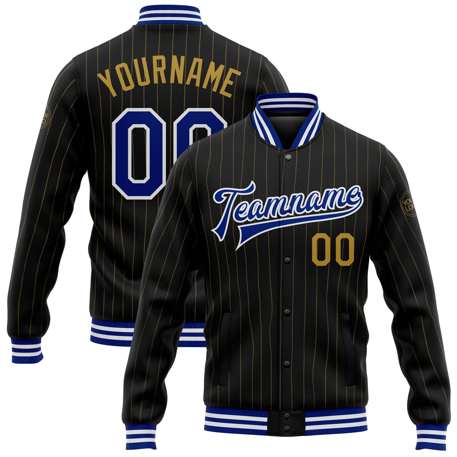 Custom Name and Number Varsity Letterman Jacket Old Gold Black Pinstripe Bomber Royal White Full-Snap Personalized Black