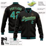 Personalized Teal Bomber Jacket with Black Old Gold Pinstripes, Full-Snap Varsity Letterman Style Personalized Black Old