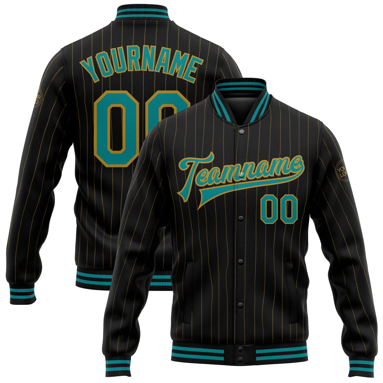Custom Name and Number Personalized Black Old Gold Pinstripe Teal Bomber Varsity Letterman Jacket Personalized Black Old