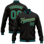 Personalized Teal Bomber Jacket with Black Old Gold Pinstripes, Full-Snap Varsity Letterman Style Personalized Black Old