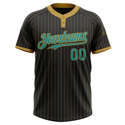 Personalized Unisex Softball Jersey Black Old Gold Pinstripe Teal Two-Button Design Personalized Black Old Gold Pinstripe