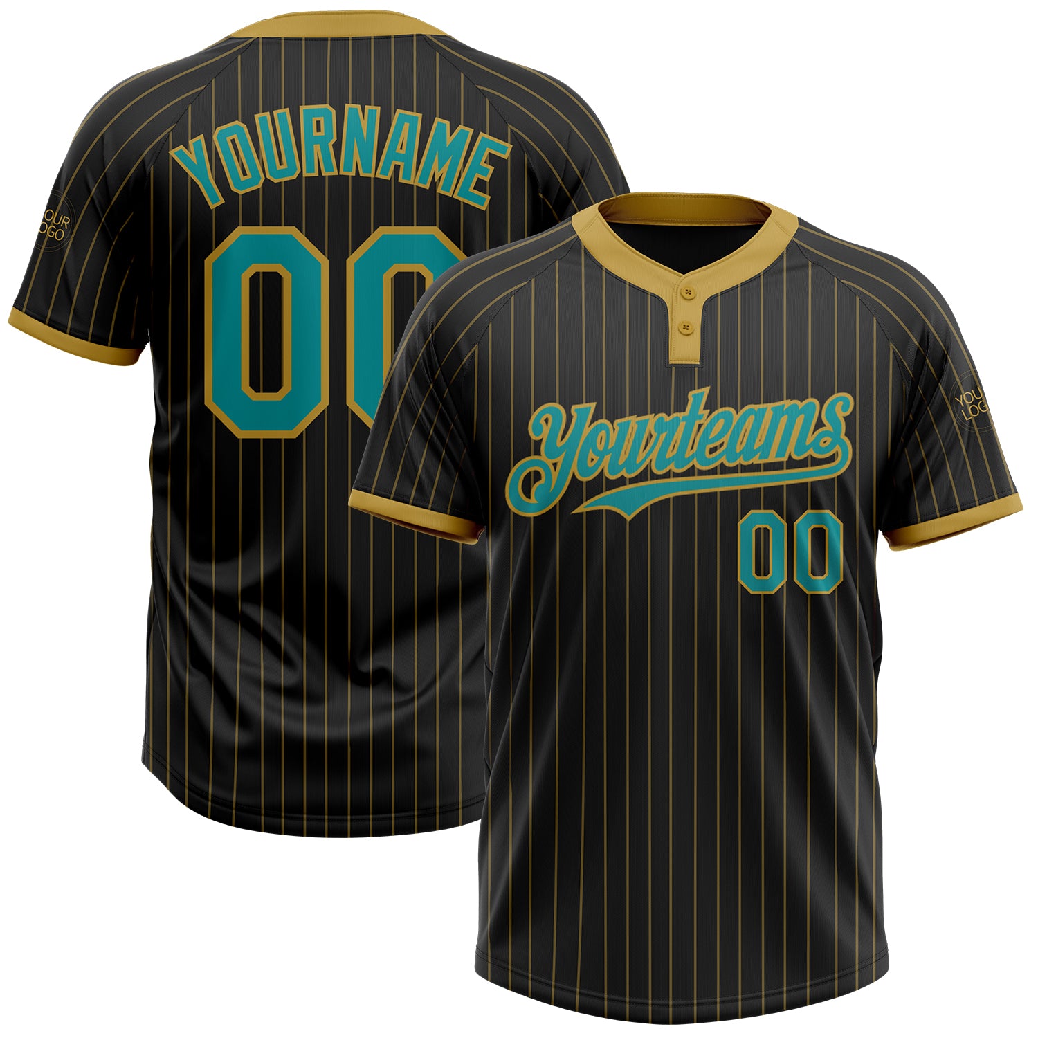 Custom Name and Number Softball Jersey Unisex Black Old Gold Pinstripe Teal Two-Button Design Personalized Black Old Gold
