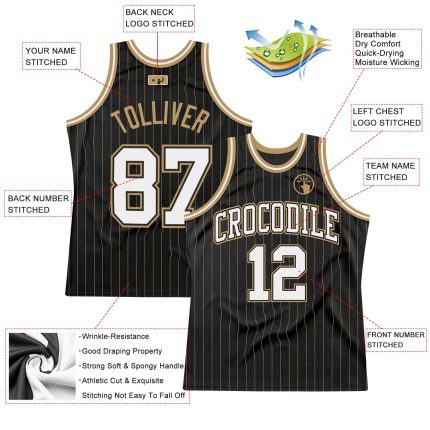 Custom Basketball Jersey - Personalized Black Old Gold Pinstripe with Name and Number Personalized Black Old Gold Pinstripe