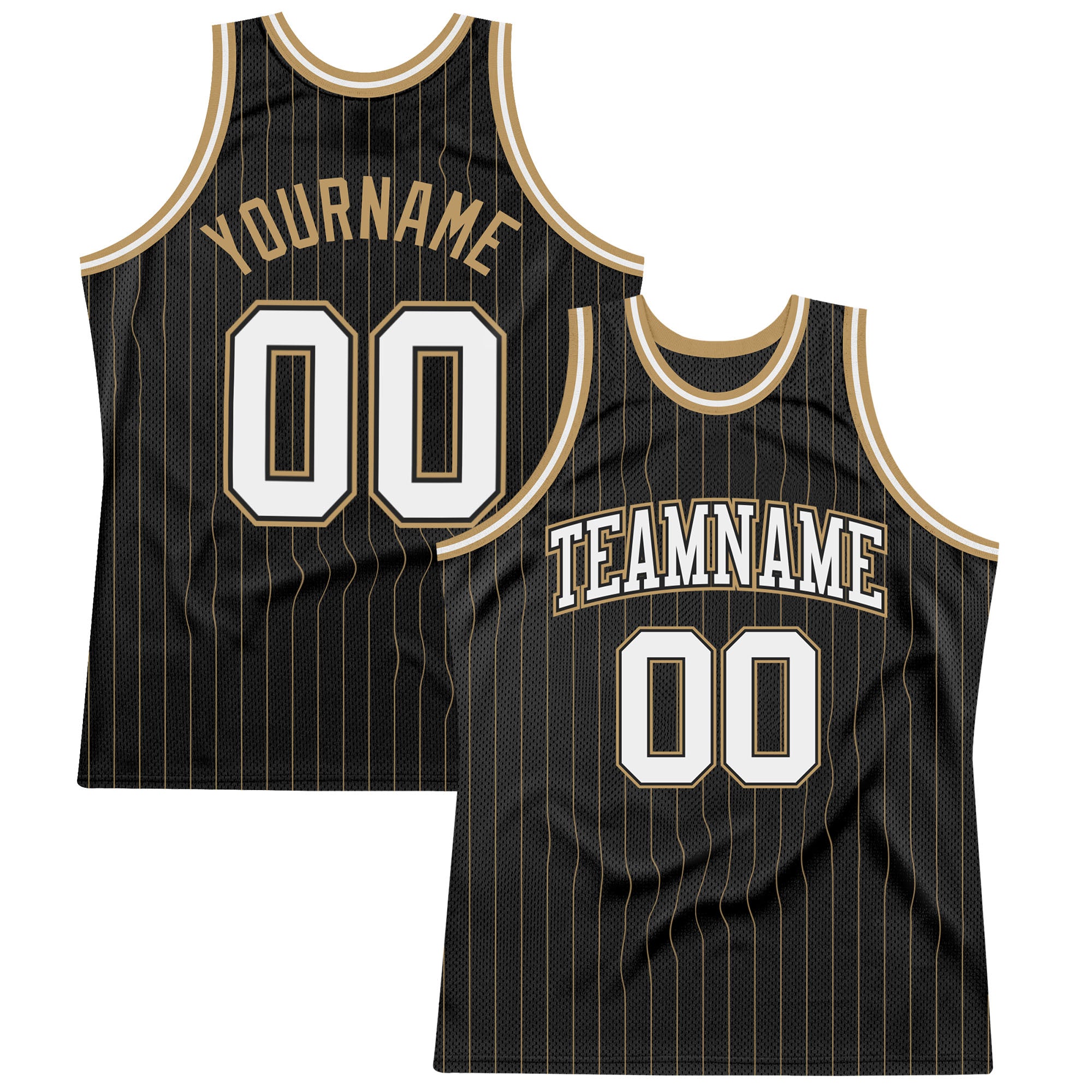 Personalized Black and Gold Pinstripe Basketball Jersey for Men Personalized Black Old Gold Pinstripe White-Old Gold Basketball