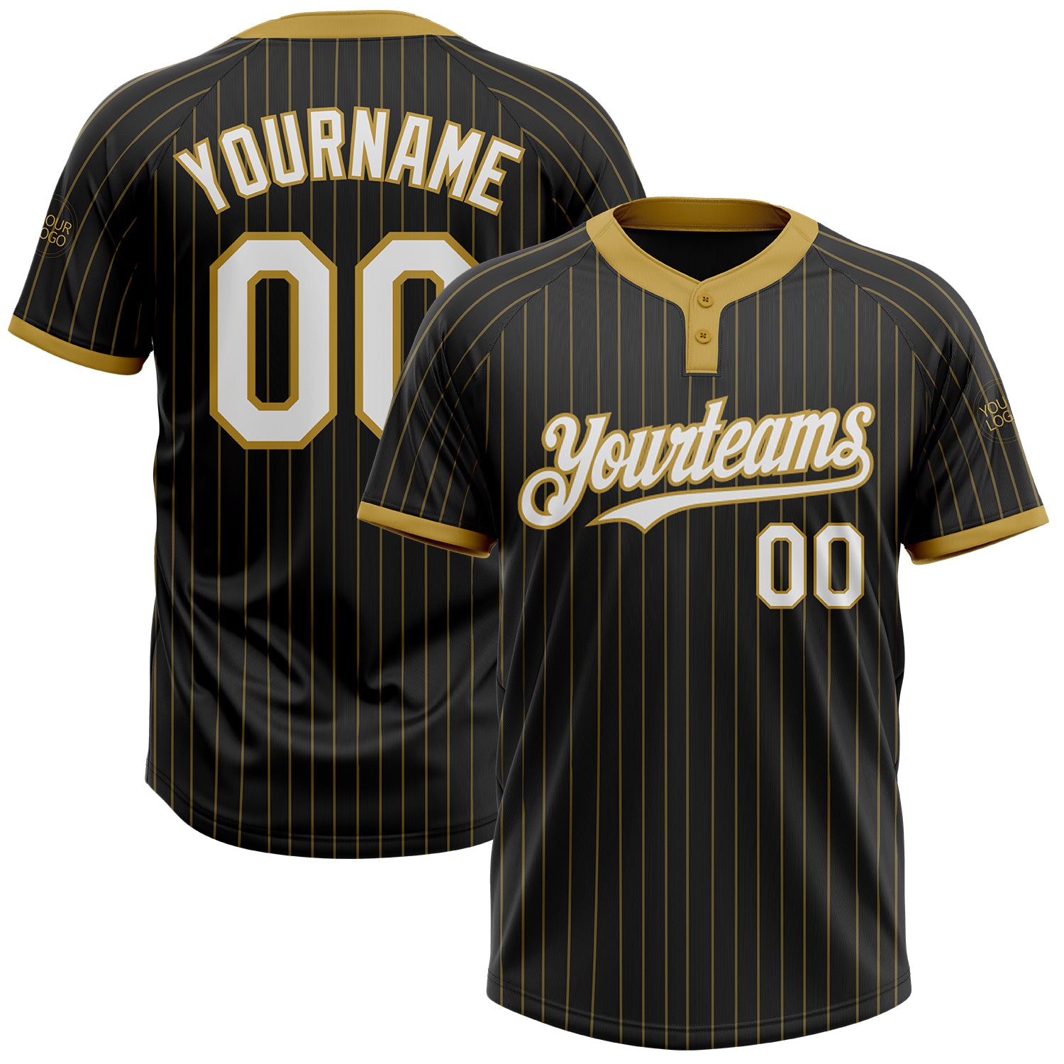 Personalized Black Gold Pinstripe Two-Button Unisex Softball Jersey Personalized Black Old Gold Pinstripe White Two-Button