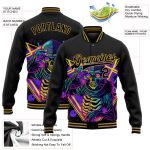 Personalized Black Gold Psychedelic Skeleton 3D Bomber Varsity Jacket - Dark Art Metal Apparel Personalized Black Old Gold