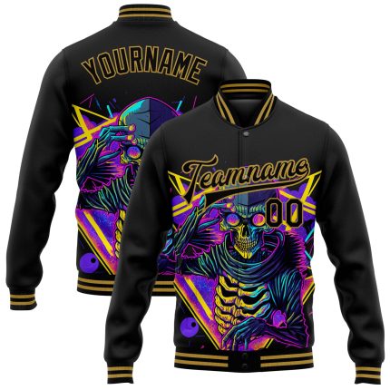 Personalized Psychedelic Skeleton 3D Bomber Jacket | Custom Name & Number | Black Old Gold Dark Art Letterman Varsity Apparel