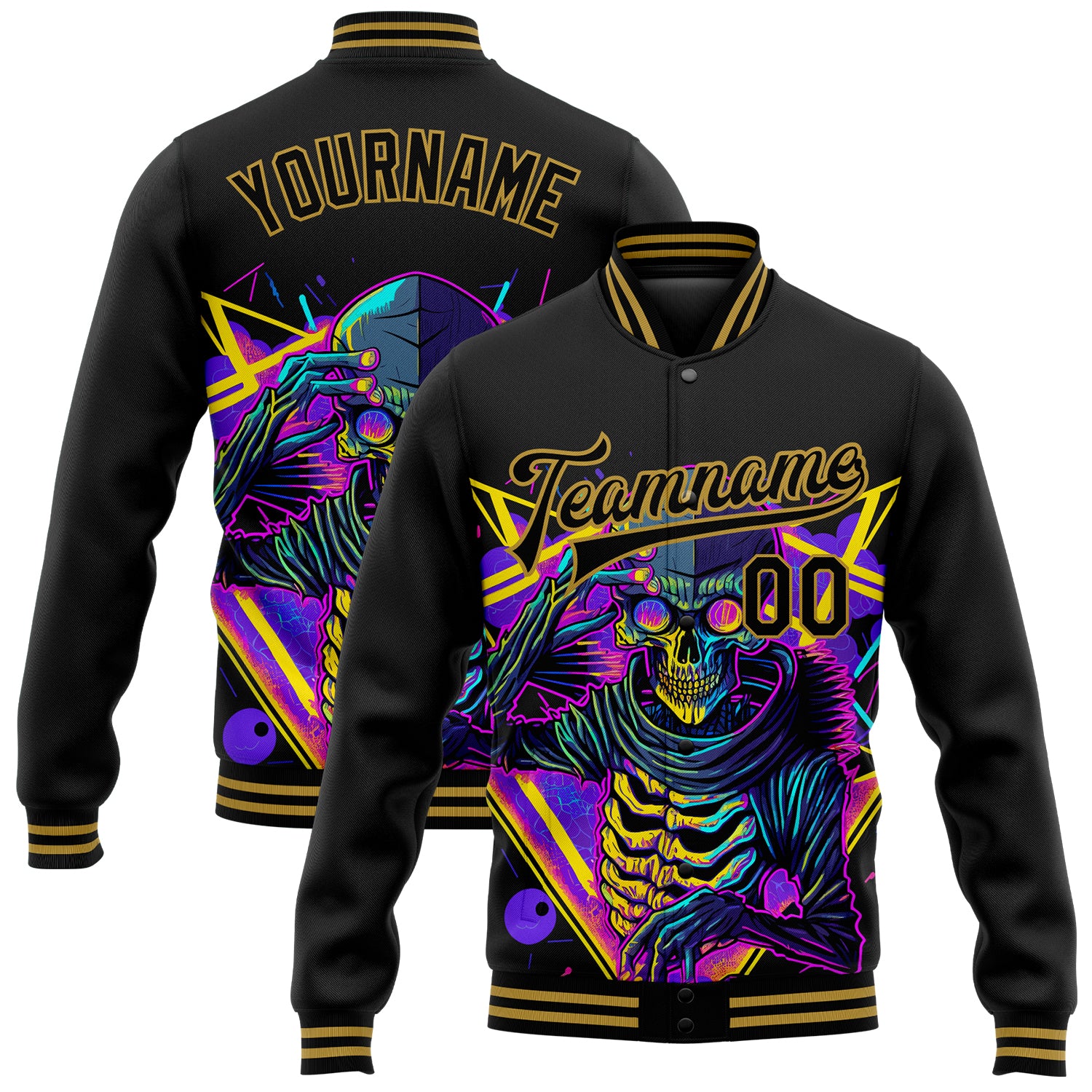 Personalized Black Gold Psychedelic Skeleton 3D Bomber Varsity Jacket - Dark Art Metal Apparel Personalized Black Old Gold