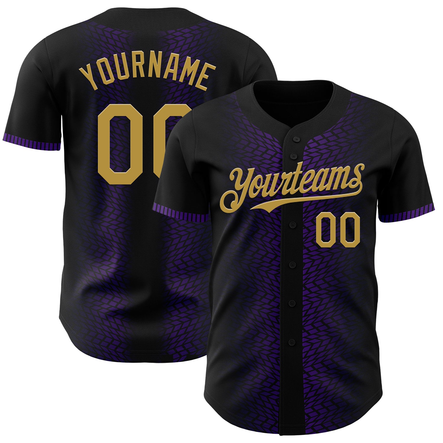 Custom Name and Number Baseball Jersey - Personalized 3D Pattern Geometric Shapes in Black Old Gold-Purple Design Personalized