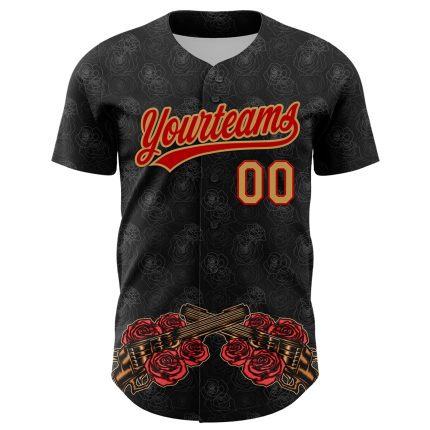 Personalized Black Gold Red 3D Gothic Gun Rose Baseball Jersey Personalized Black Old Gold-Red 3D Gothic Style Gun Rose Baseball