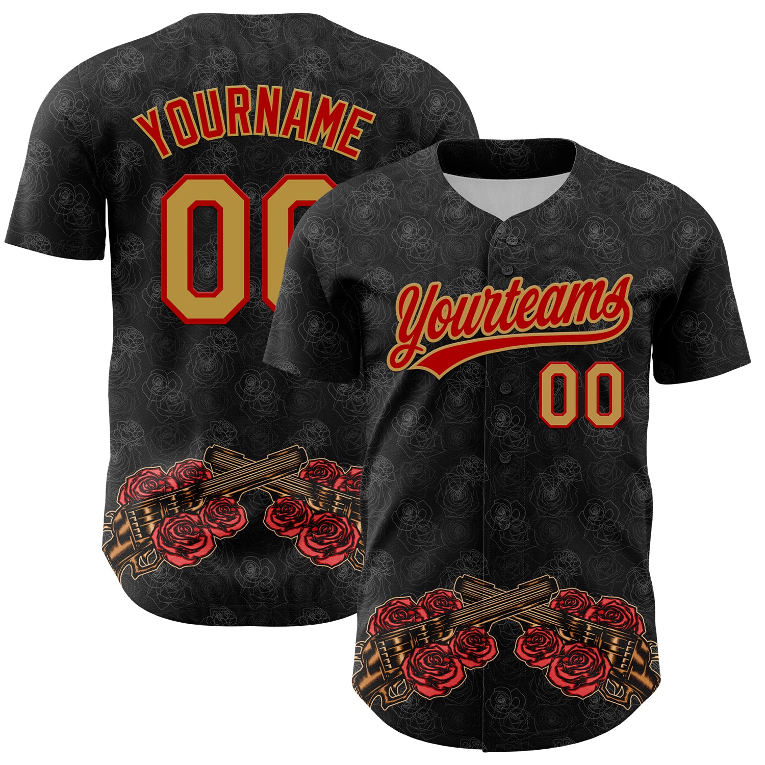 Personalized Black Gold Red 3D Gothic Gun Rose Baseball Jersey Personalized Black Old Gold-Red 3D Gothic Style Gun Rose Baseball
