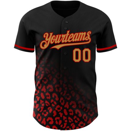 Personalized 3D Leopard Print Baseball Jersey in Black, Gold, and Red Fade Fashion Design Personalized Black Old Gold-Red