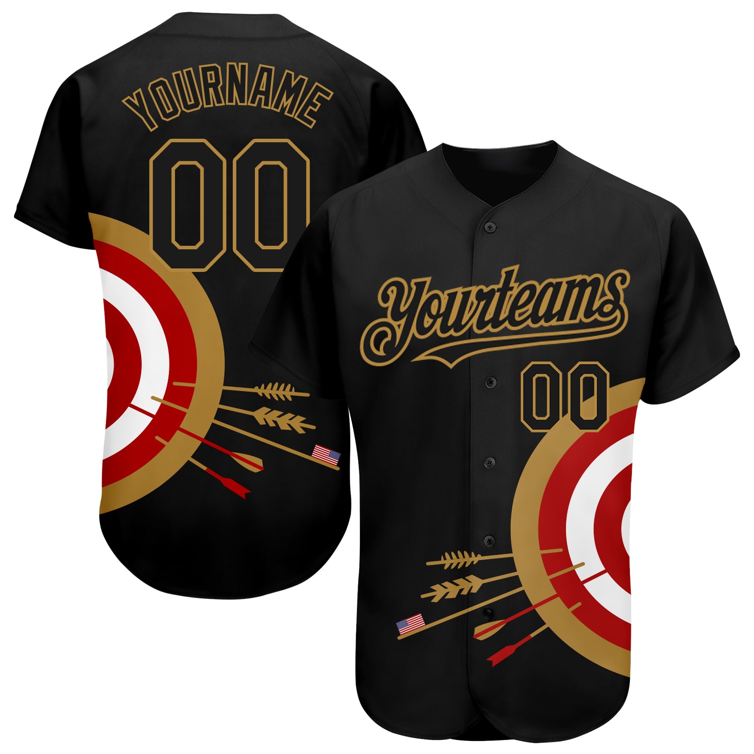 Personalized 3D Pattern Design Baseball Jersey with Custom Name & Number - Black Old Gold-Red Dart Board Target Personalized