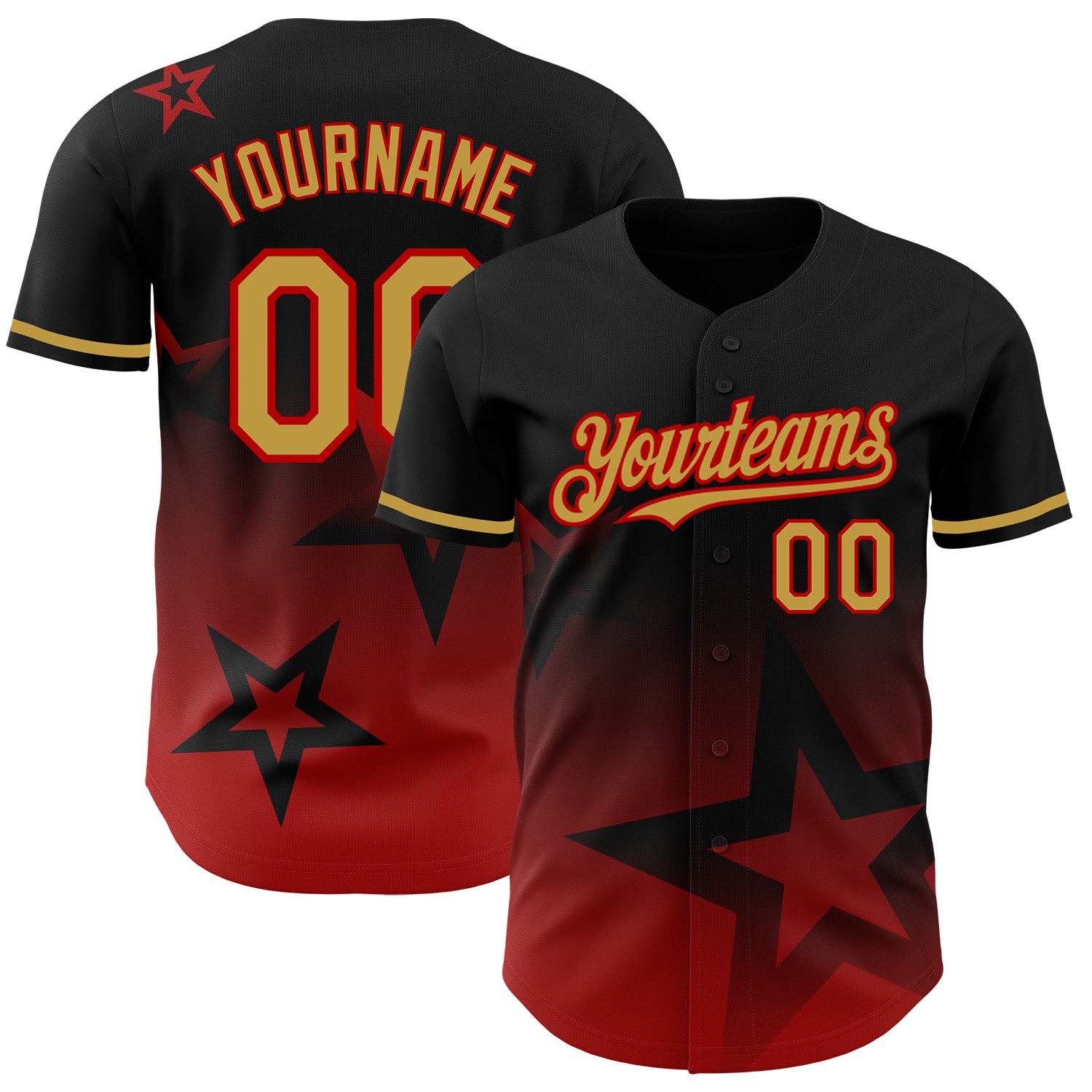 Custom Name and Number Personalized Black and Gold-Red 3D Twinkle Star Baseball Jersey, Gradient Style Team Apparel Personalized