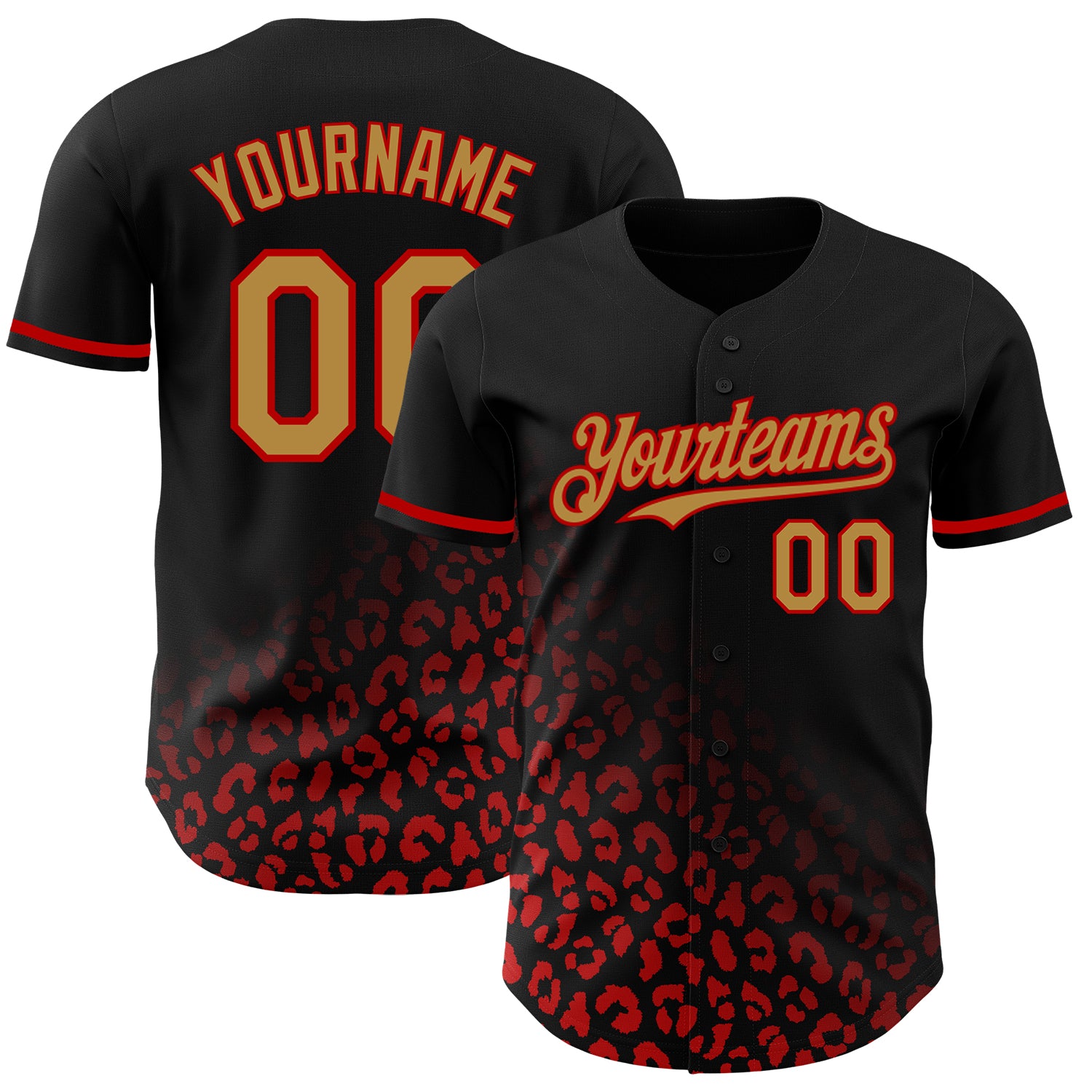 Personalized Leopard Print Baseball Jersey with Custom Name & Number - Black Old Gold-Red 3D Pattern Design Fashion Team Apparel