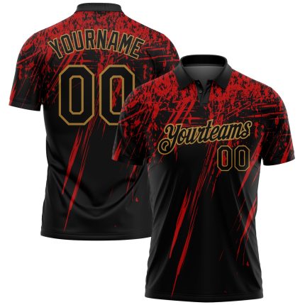 Personalized 3D Sharp Shape Performance Golf Polo Shirt in Black Old Gold-Red Personalized Black Old Gold-Red 3D Sharp Shape