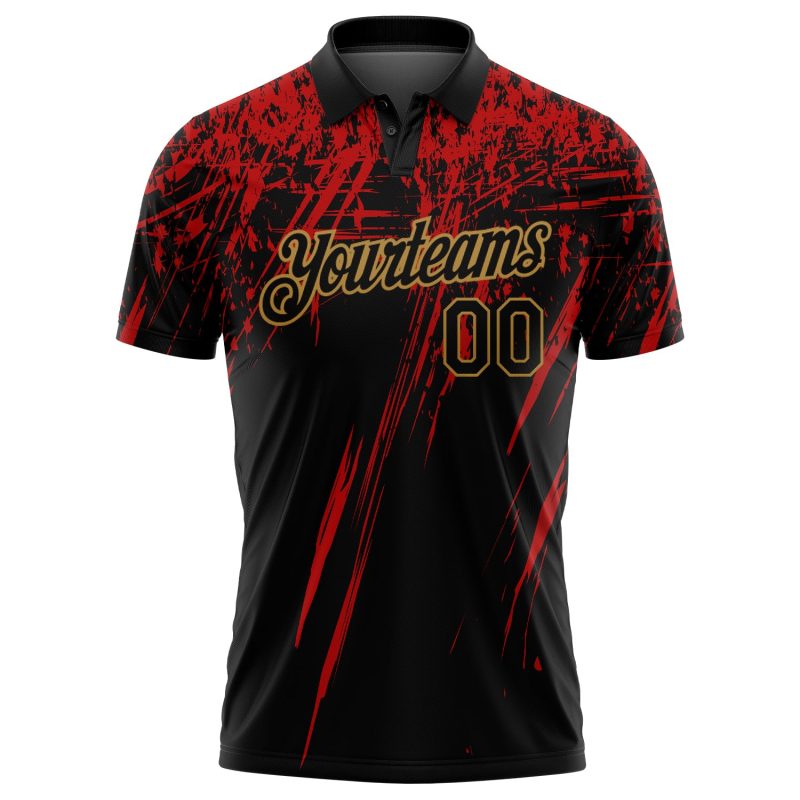 Personalized 3D Sharp Shape Performance Golf Polo Shirt in Black Old Gold-Red Personalized Black Old Gold-Red 3D Sharp Shape