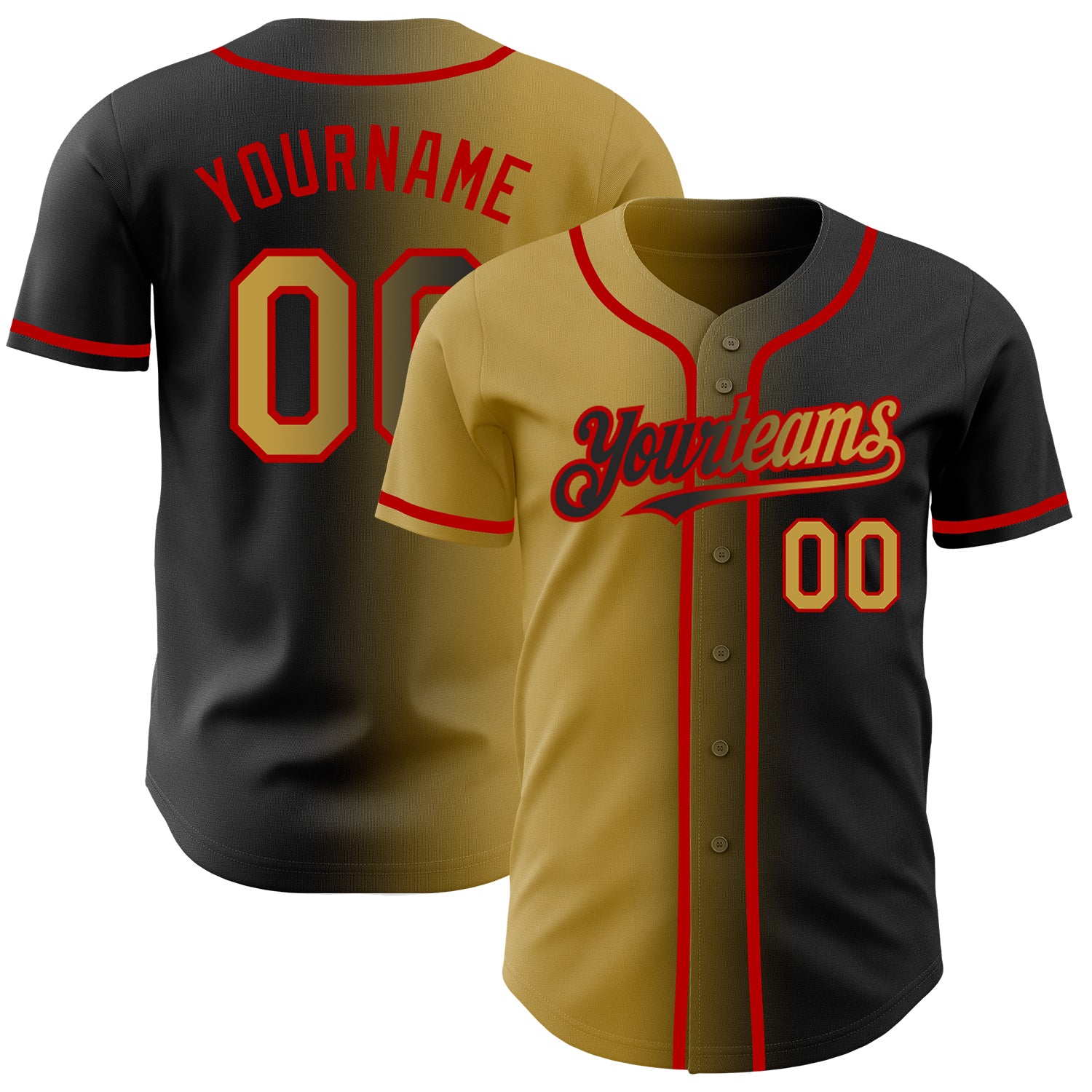 Customizable Black and Old Gold-Red Gradient Baseball Jersey with Name and Number - Authentic Team Apparel Personalized Black