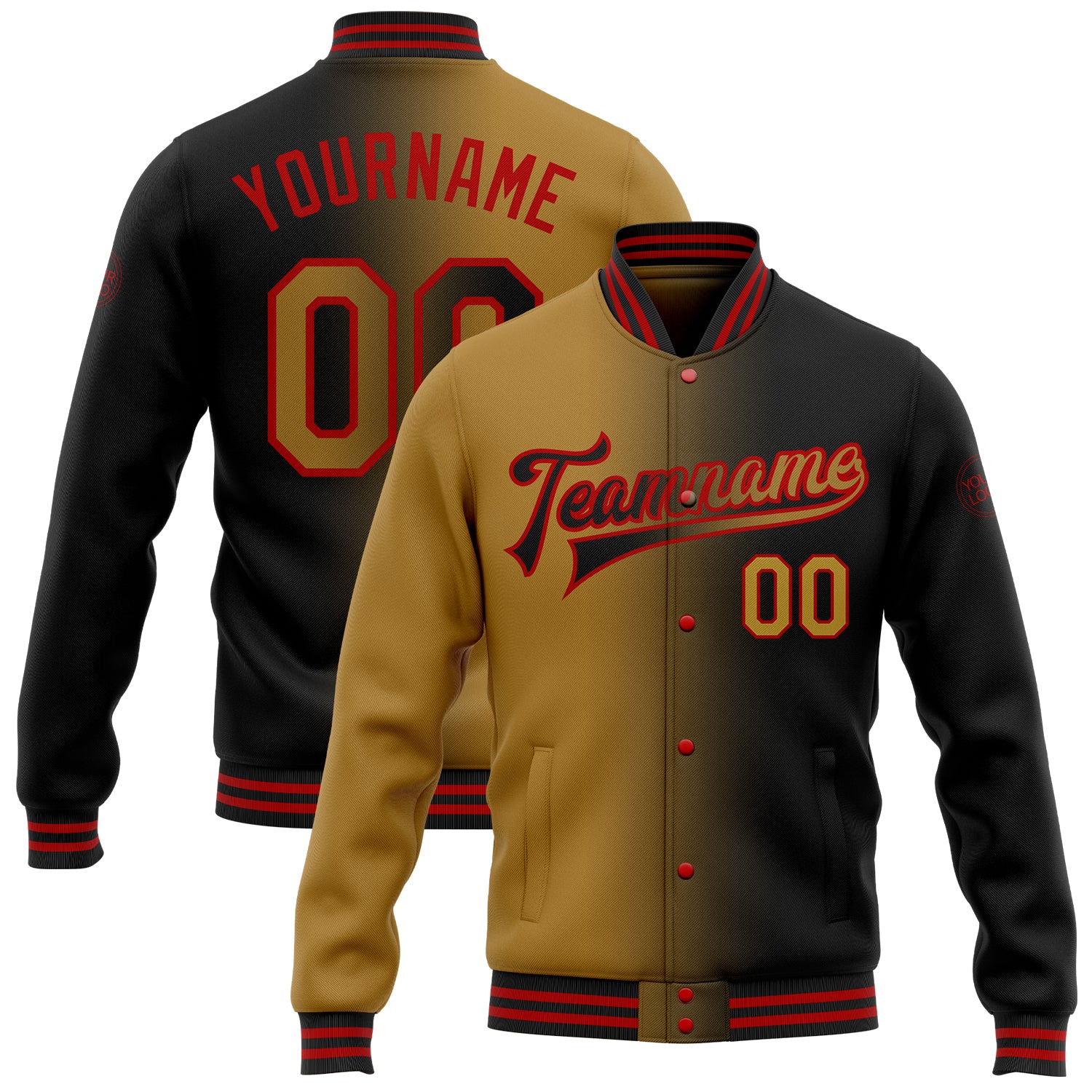 Personalized Black Bomber Jacket Gradient Old Gold-Red Varsity Letterman Full-Snap Fashion Jacket Personalized Black Old