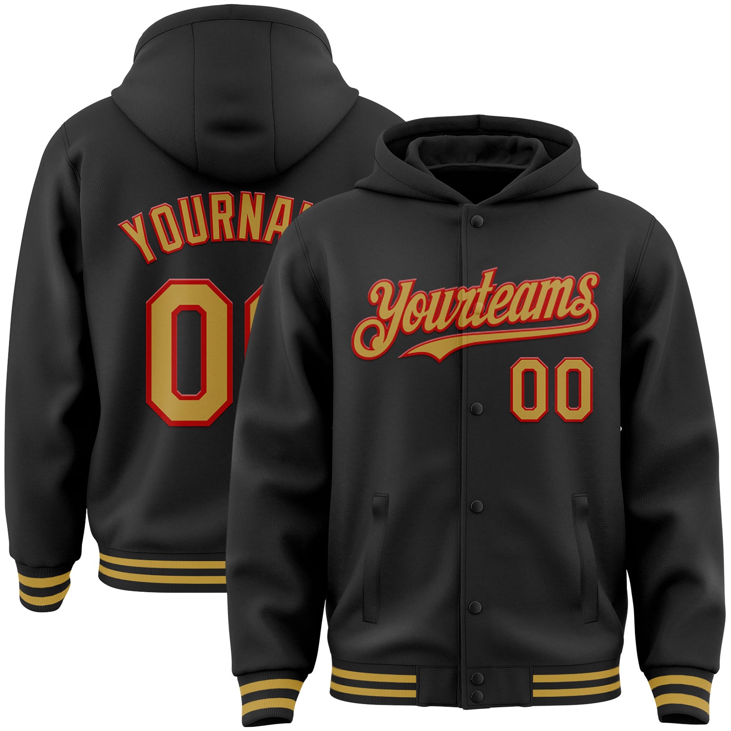 Custom Name Number Old Gold-Red Black Bomber Varsity Letterman Hoodie Jacket - Personalized Team Apparel Personalized Black