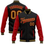 Personalized Varsity Letterman Bomber Jacket Black Gold Red Two Tone Full Snap Personalized Black Old Gold-Red Bomber Full-Snap