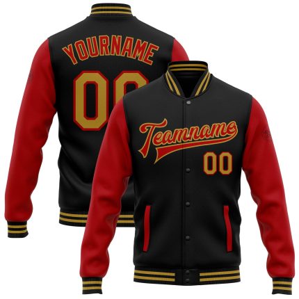 Personalized Varsity Letterman Bomber Jacket Black Gold Red Two Tone Full Snap Personalized Black Old Gold-Red Bomber Full-Snap