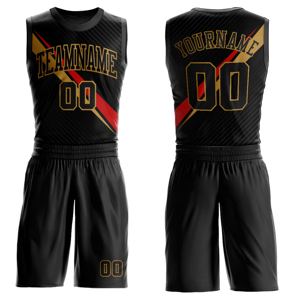 Personalized Black and Old Gold-Red Diagonal Lines Basketball Jersey Suit, Round Neck Sublimation Design Personalized Black