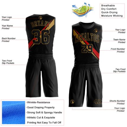 Custom Basketball Jersey with Personalized Name and Number, Black Gold-Red Diagonal Lines, Round Neck Sublimation Suit Personalized