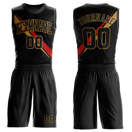 Custom Basketball Jersey with Personalized Name and Number, Black Gold-Red Diagonal Lines, Round Neck Sublimation Suit Personalized