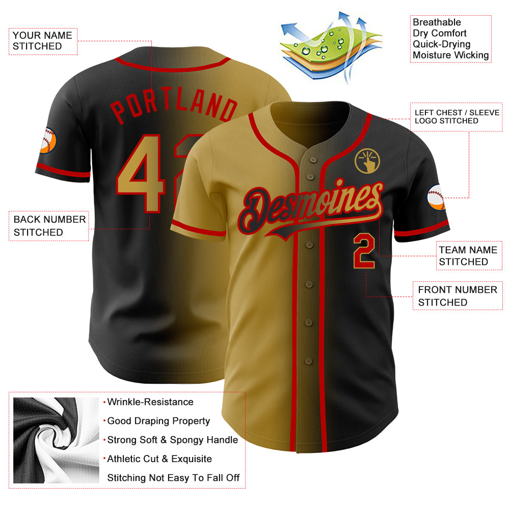 Personalized Black Gold Red Gradient Fashion Baseball Jersey for Men and Women Personalized Black Old Gold-Red Gradient Fashion - Image 3